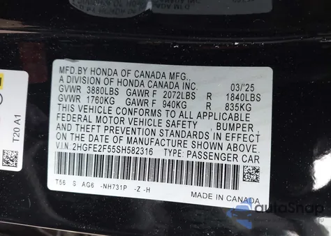 2025 Honda Civic Sport from USA, damaged, VIN 2HGFE2F55SH582316